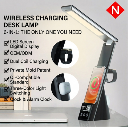 💡Kreative faltbare Schreibtischlampe – 15W kabelloses Ladegerät für Telefon, Kopfhörer & Uhr, Multifunktions-Augenschutz