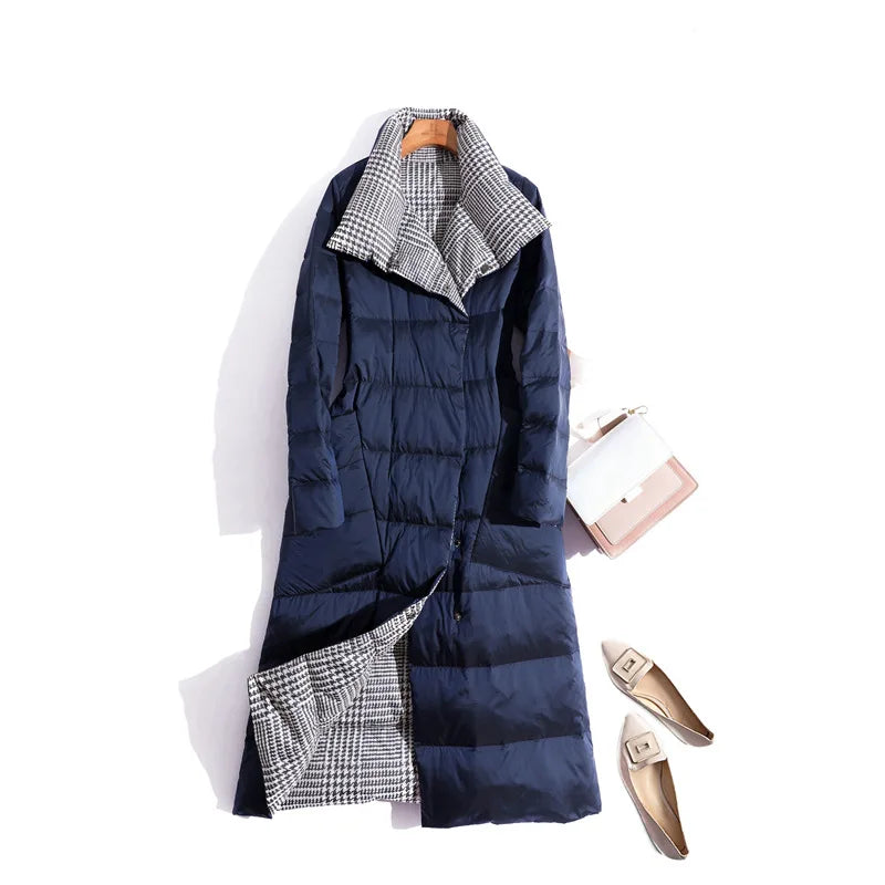 Women’s Lightweight Long Down Coat – Stand Collar White Duck Down Winter Parka