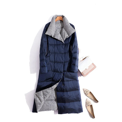 Women’s Lightweight Long Down Coat – Stand Collar White Duck Down Winter Parka