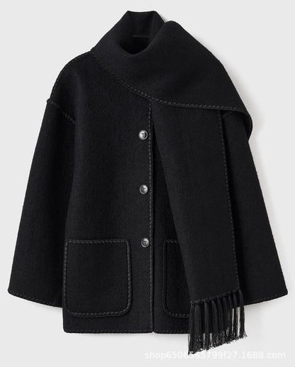 🧥 Autumn / Winter Woolen Jacket for Women – Thickened, Loose Fit with Scarf and Tassel
