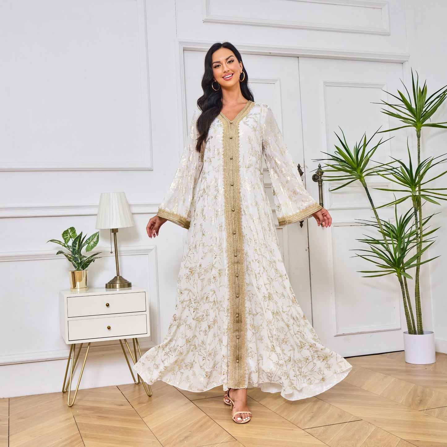 👗Dubai Evening Dress – Floral Stamped Robe