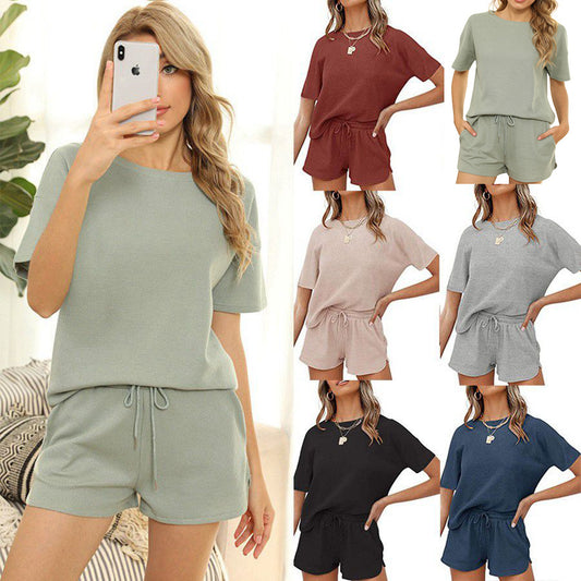 🌿Short Sleeve Waffle Two-Piece Outfit 🌸