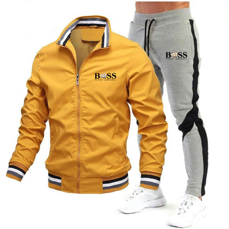 🧥👖Men’s Casual Suit Set – Bomber Jacket & Splicing Trousers