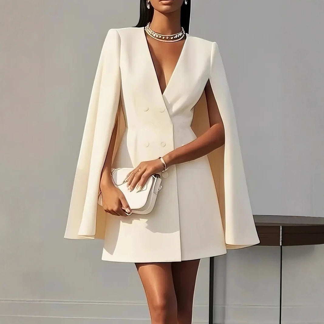 👗Robe tailleur de ville – cape à col châle et double boutonnage de couleur unie