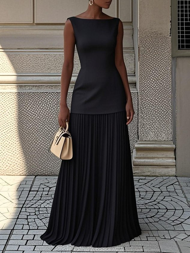 👗Ensemble deux pièces en maille unie pour femme — haut sans manches et jupe assortie