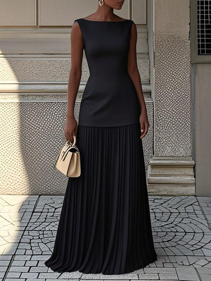 👗Ensemble deux pièces en maille unie pour femme — haut sans manches et jupe assortie