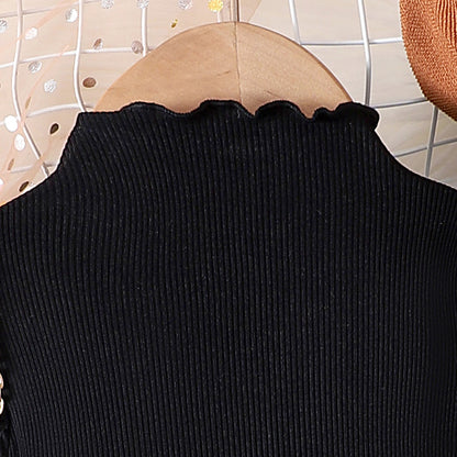 Girls' Autumn / Winter Black & Coffee Puff Sleeve Bow Dress with Hat