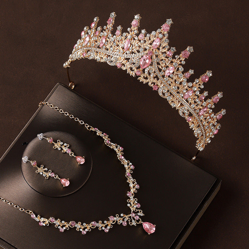 Champagne Pink Diamond Crown Jewelry Set – Headpiece, Necklace & Earrings, Bridal / Party 3‑Piece