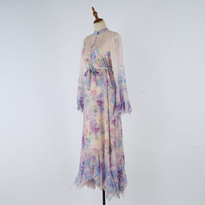 High-End I-Print Buttoned Long Dress – Elegant Swing Style