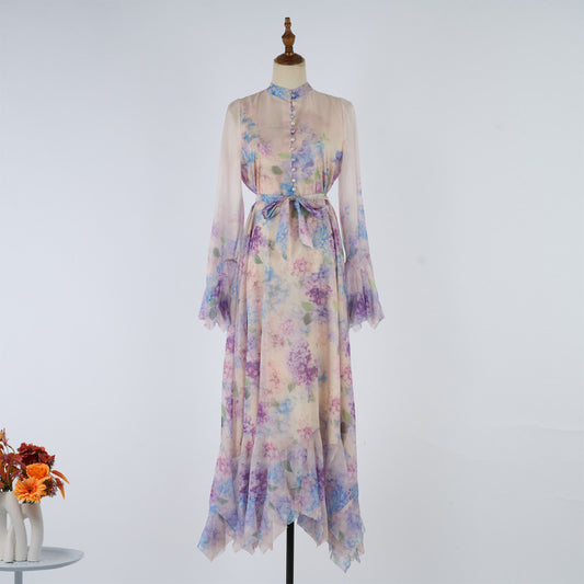 High-End I-Print Buttoned Long Dress – Elegant Swing Style