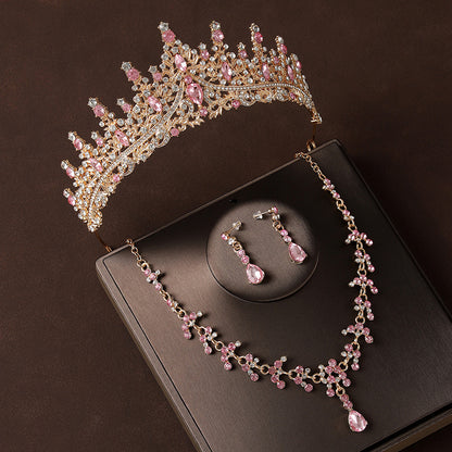 Champagne Pink Diamond Crown Jewelry Set – Headpiece, Necklace & Earrings, Bridal / Party 3‑Piece