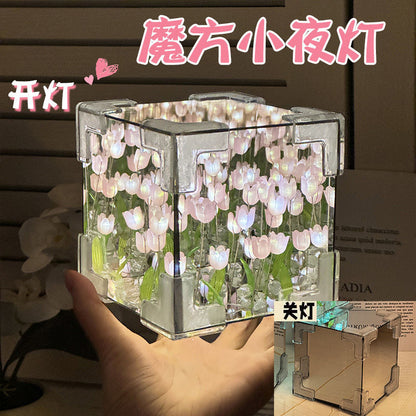 Magic Cube Tulip Night Light – DIY Handmade Mirror Bouquet Gift for Girls & Couples