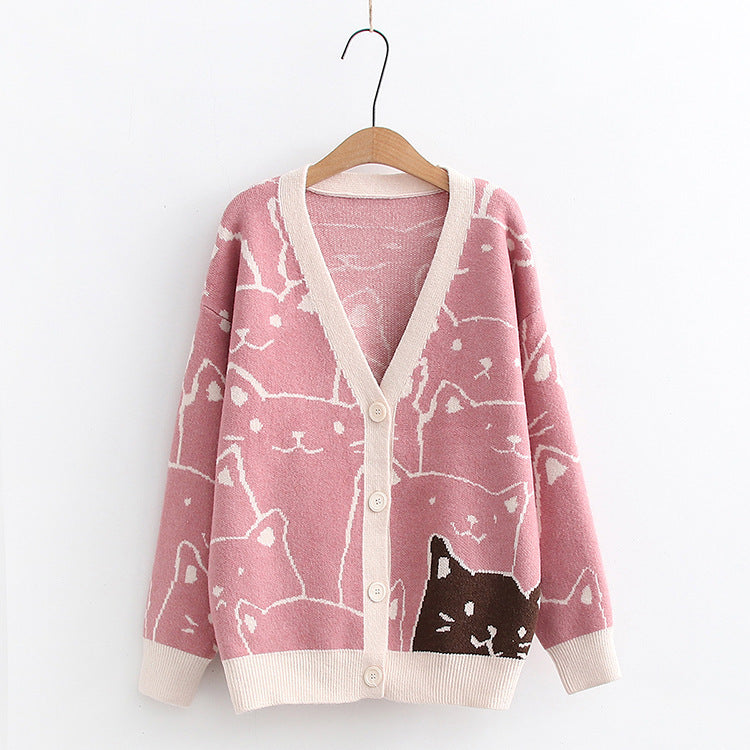 Korean College-Style Kitten Jacquard Sweater – Slim-Fit Autumn Cardigan for Women