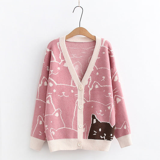 Korean College-Style Kitten Jacquard Sweater – Slim-Fit Autumn Cardigan for Women