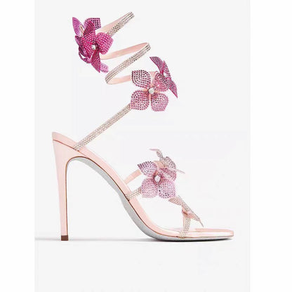 Snake-Wrap Stiletto Sandals with Lace Flowers & Rhinestone Anklets