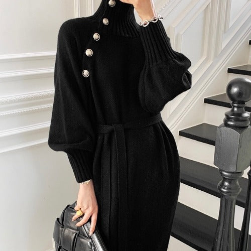 👗Loose Knit Turtleneck Sweater Dress – Autumn / Winter, Lace-Up Waist, Japanese / Korean Style