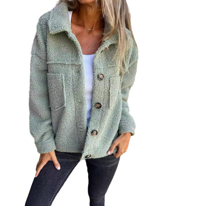 🧥 Damen-Strickjacke aus Lammfell mit aufgesetzten Taschen – Herbst/Winter Freizeitjacke