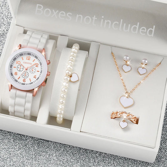 6PCS Women’s Quartz Watch Set – Fashion Silicone Strap & Pearl Heart Jewelry (No Box)