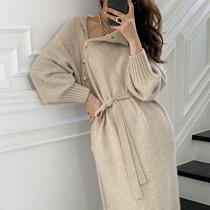 👗Loose Knit Turtleneck Sweater Dress – Autumn / Winter, Lace-Up Waist, Japanese / Korean Style