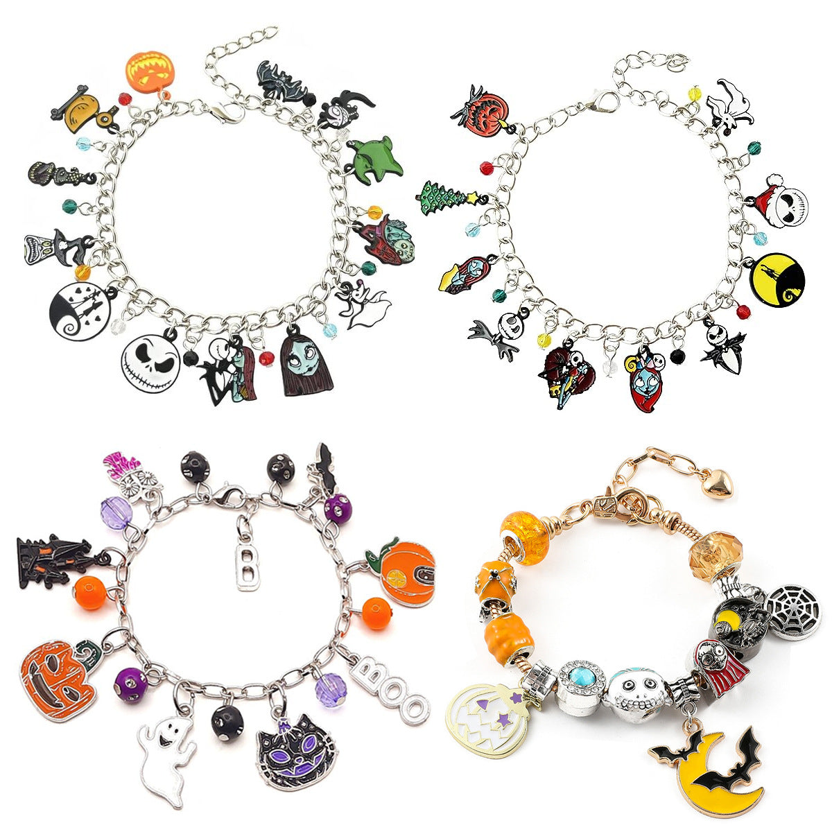 Combo bracelet featuring pumpkin, spider, bat, and ghost charms