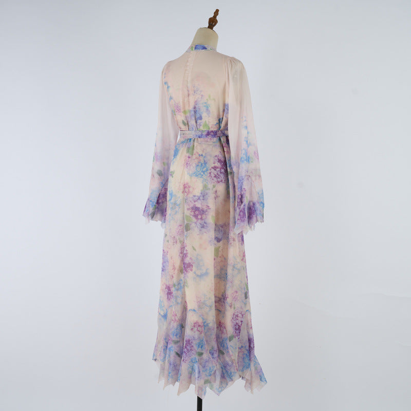 High-End I-Print Buttoned Long Dress – Elegant Swing Style