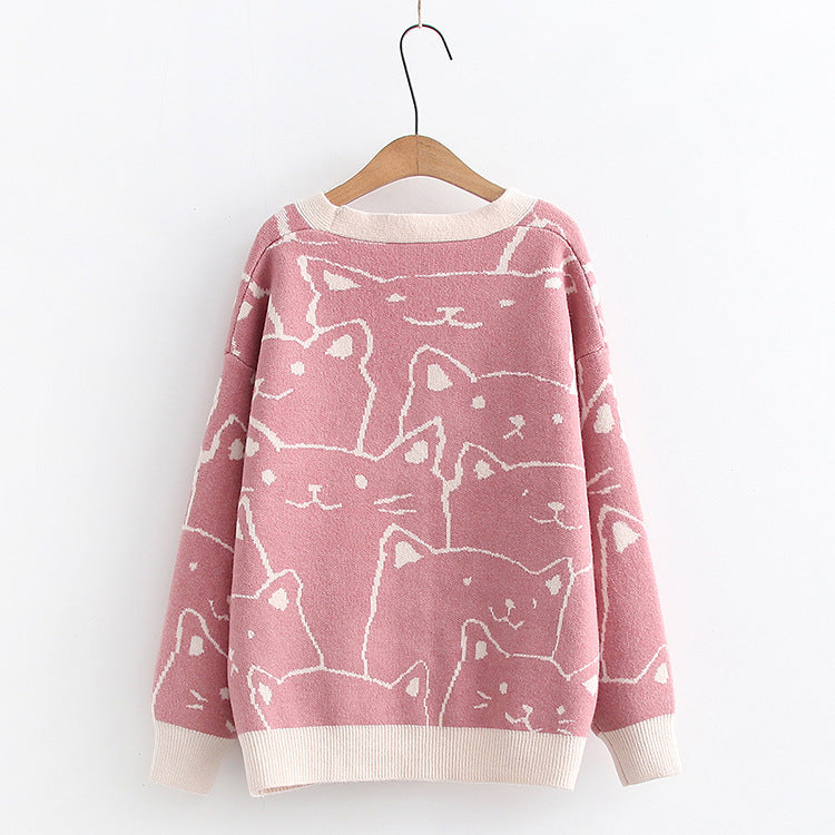 Korean College-Style Kitten Jacquard Sweater – Slim-Fit Autumn Cardigan for Women