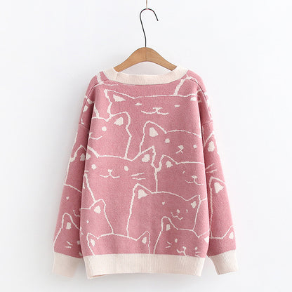 Korean College-Style Kitten Jacquard Sweater – Slim-Fit Autumn Cardigan for Women