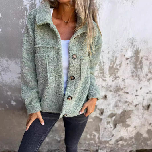 🧥 Damen-Strickjacke aus Lammfell mit aufgesetzten Taschen – Herbst/Winter Freizeitjacke