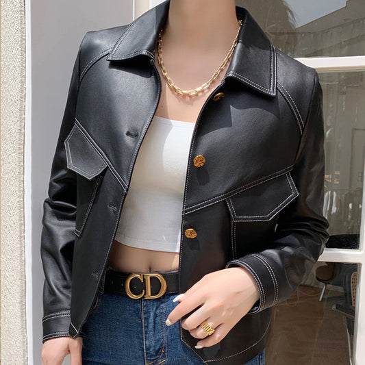 🧥PU Leather Slim Motorcycle Jacket – Women’s Short Coat with Collar & Buttons
