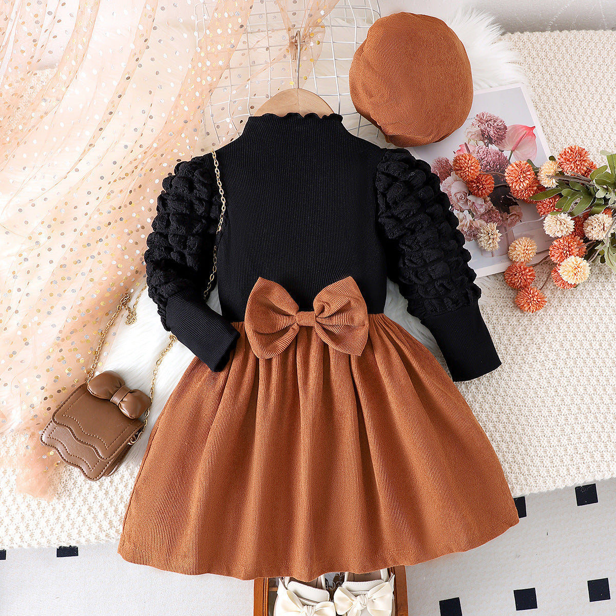 Girls' Autumn / Winter Black & Coffee Puff Sleeve Bow Dress with Hat