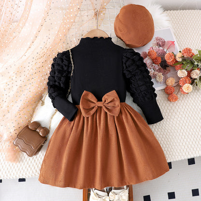 Girls' Autumn / Winter Black & Coffee Puff Sleeve Bow Dress with Hat