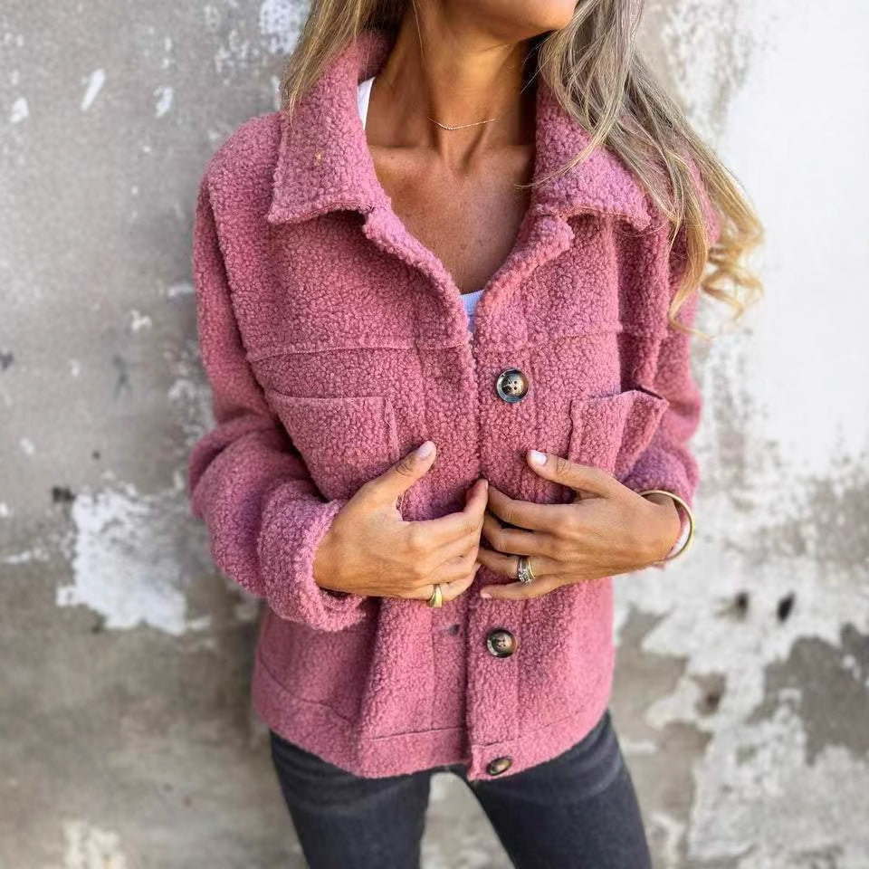 🧥 Damen-Strickjacke aus Lammfell mit aufgesetzten Taschen – Herbst/Winter Freizeitjacke