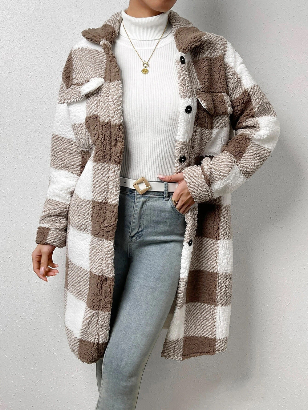 Women’s Autumn / Winter Plaid Plush Lapel Coat – Button‑Down Long Jacket