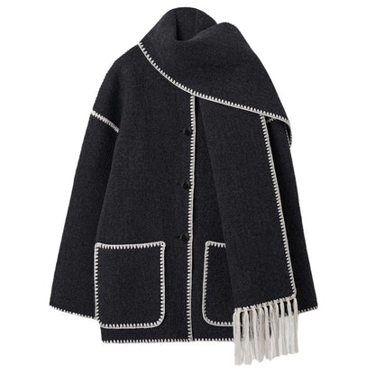 🧥 Autumn / Winter Woolen Jacket for Women – Thickened, Loose Fit with Scarf and Tassel