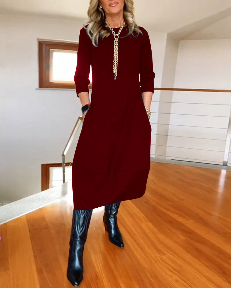 Autumn / Winter Loose Solid Color Long-Sleeve Dress
