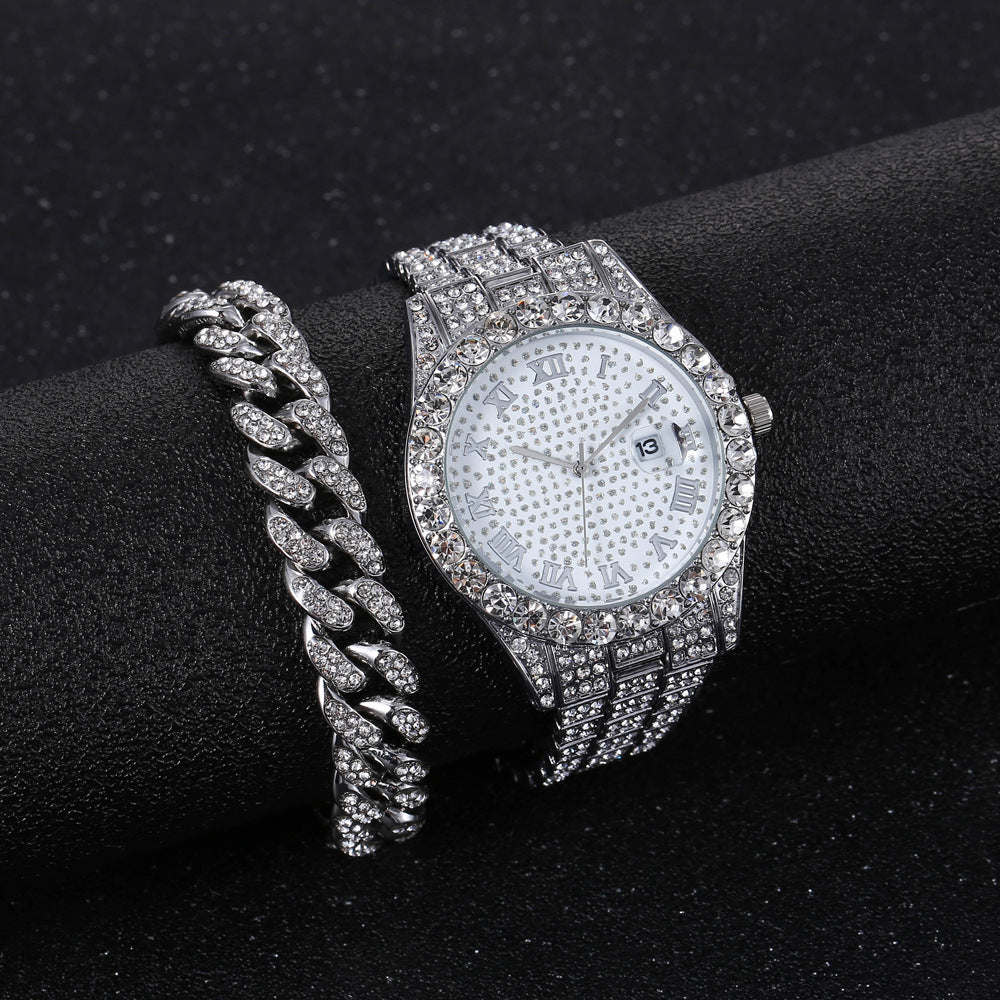 Ensemble montre et bracelet en diamant (2 pièces) – Style chaîne (sans boîte cadeau)