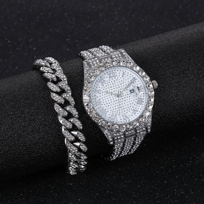 Ensemble montre et bracelet en diamant (2 pièces) – Style chaîne (sans boîte cadeau)