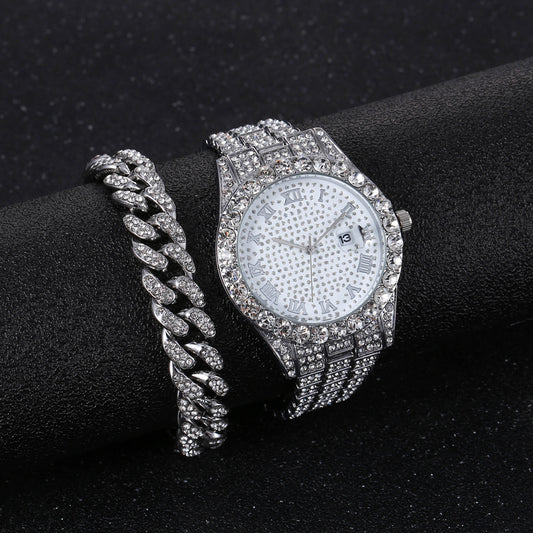 2PCS Diamond Watch & Bracelet Set – Chain Style (No Gift Box)