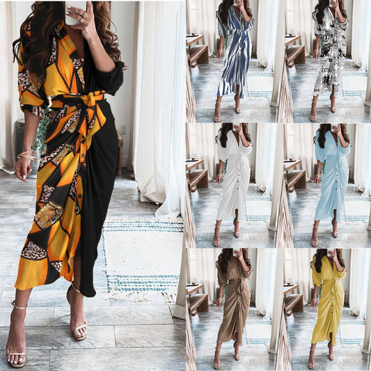 🌸V‑Neck Print Maxi Dress – Long Sleeve, Button Front, Hot Style