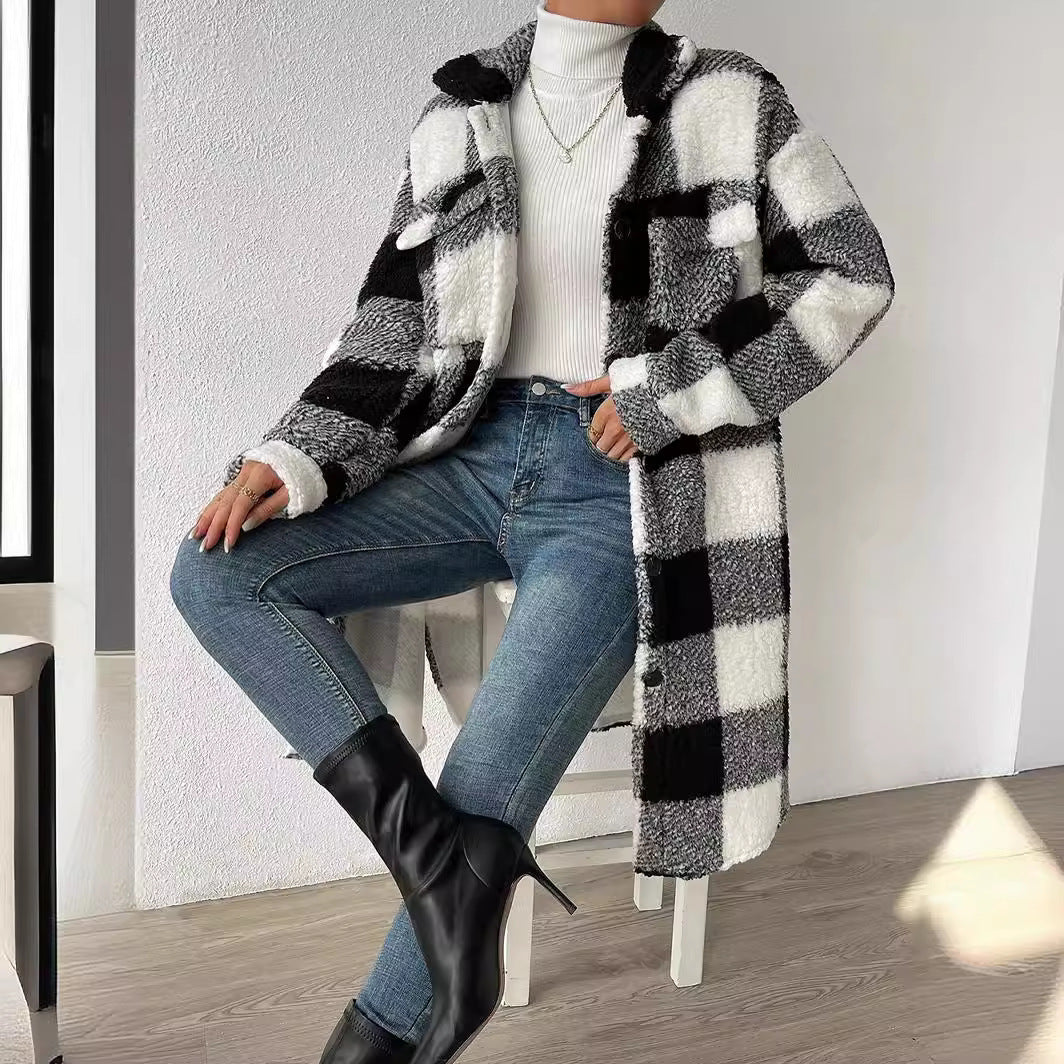 Women’s Autumn / Winter Plaid Plush Lapel Coat – Button‑Down Long Jacket