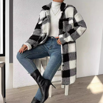 Women’s Autumn / Winter Plaid Plush Lapel Coat – Button‑Down Long Jacket