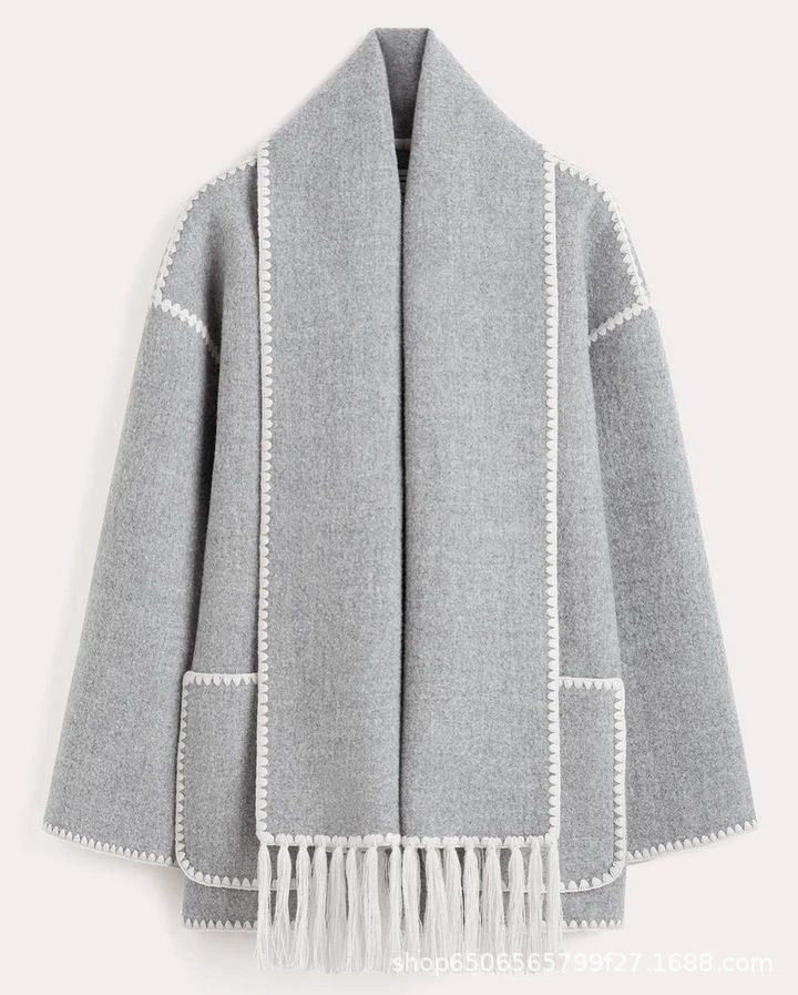 🧥 Autumn / Winter Woolen Jacket for Women – Thickened, Loose Fit with Scarf and Tassel