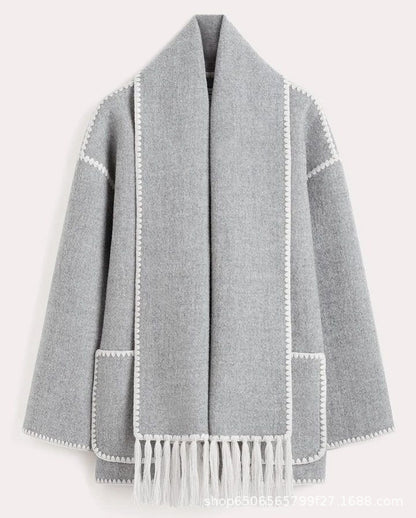 🧥 Autumn / Winter Woolen Jacket for Women – Thickened, Loose Fit with Scarf and Tassel