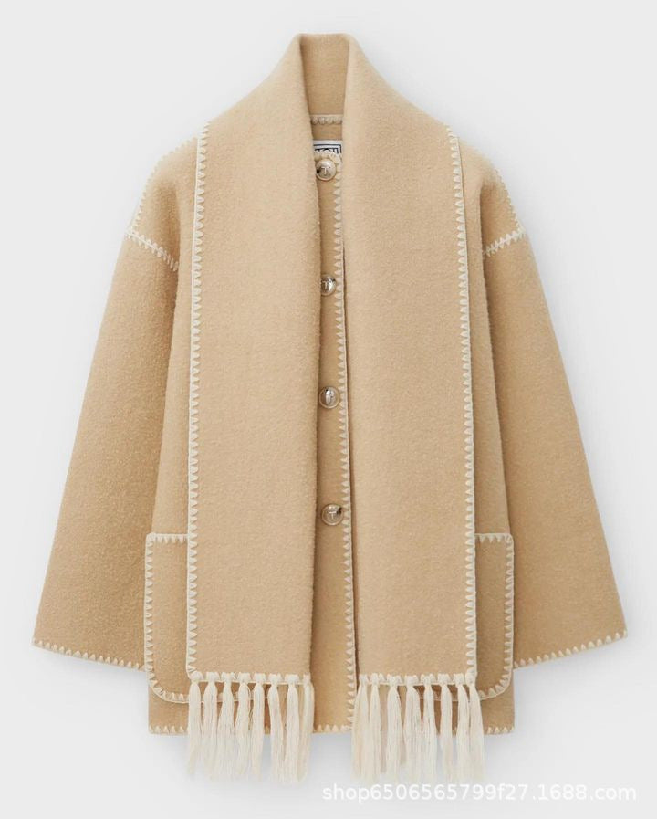 🧥 Autumn / Winter Woolen Jacket for Women – Thickened, Loose Fit with Scarf and Tassel