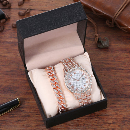 Ensemble montre et bracelet en diamant (2 pièces) – Style chaîne (sans boîte cadeau)