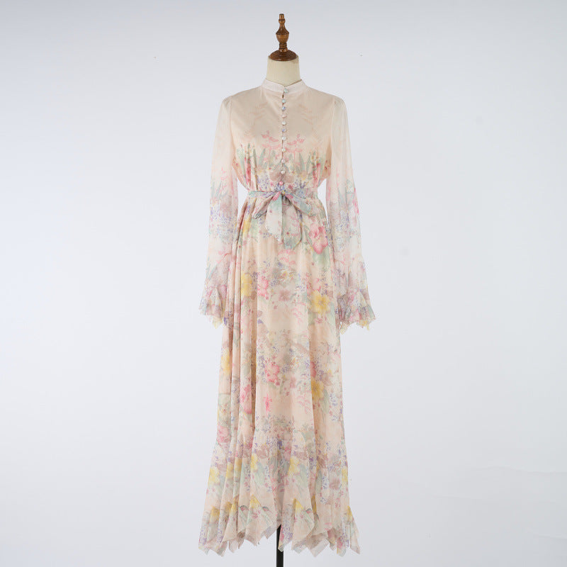 High-End I-Print Buttoned Long Dress – Elegant Swing Style