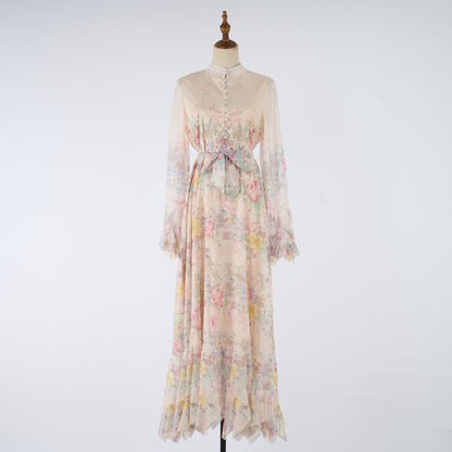 High-End I-Print Buttoned Long Dress – Elegant Swing Style