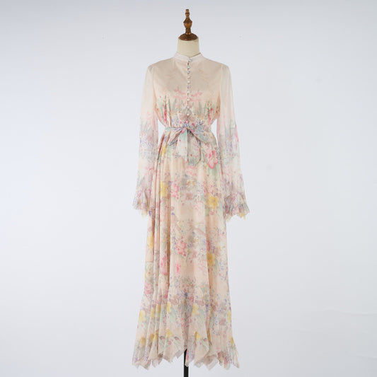 High-End I-Print Buttoned Long Dress – Elegant Swing Style