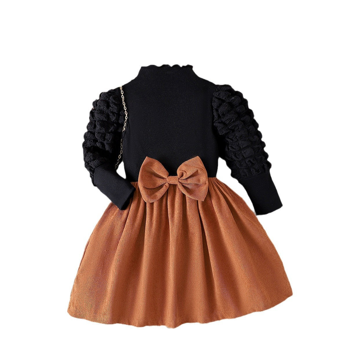 Girls' Autumn / Winter Black & Coffee Puff Sleeve Bow Dress with Hat