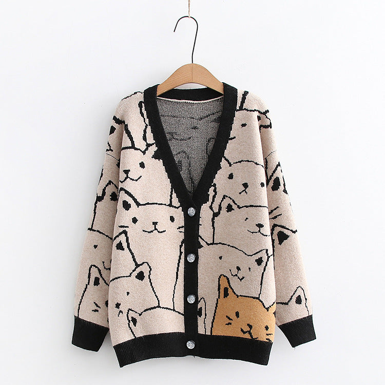 Korean College-Style Kitten Jacquard Sweater – Slim-Fit Autumn Cardigan for Women
